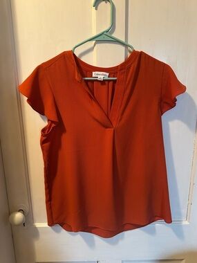 Calvin Klein Rust Orange V-Neck Short Flutter Sleeve Blouse